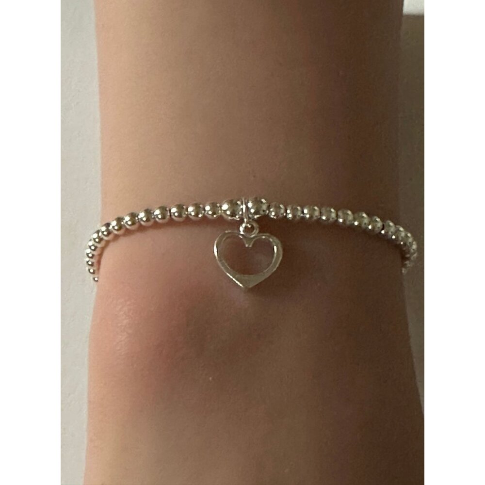 925 Sterling Silver Beaded Stretch Stacking Bracelet Heart Charm Minimalist S7" - Picture 1 of 5